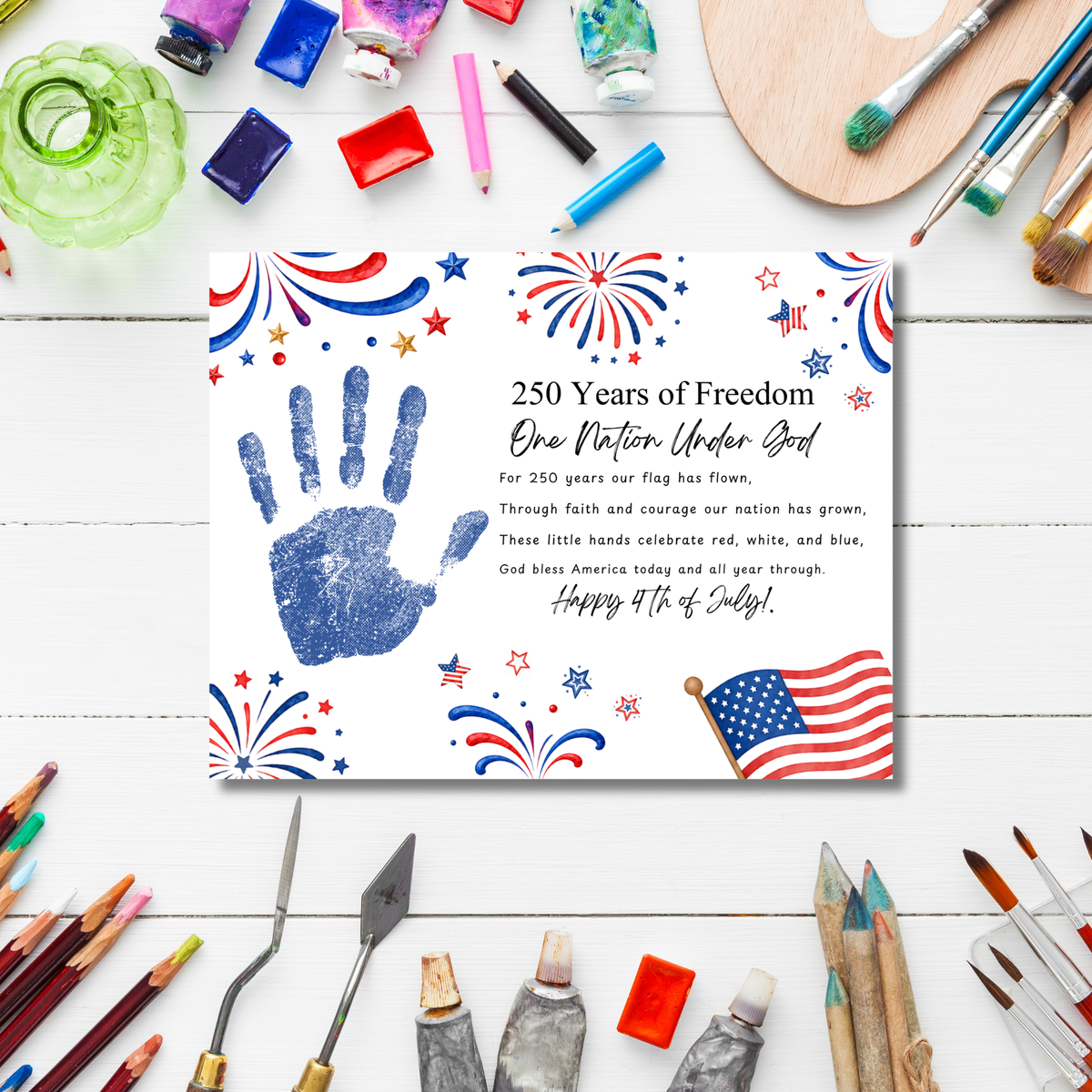 Christian July 4th Poem Handprint Craft Printable, 250 Years of Freedom, One Nation Under God, Patriotic Keepsake Activity for Kids