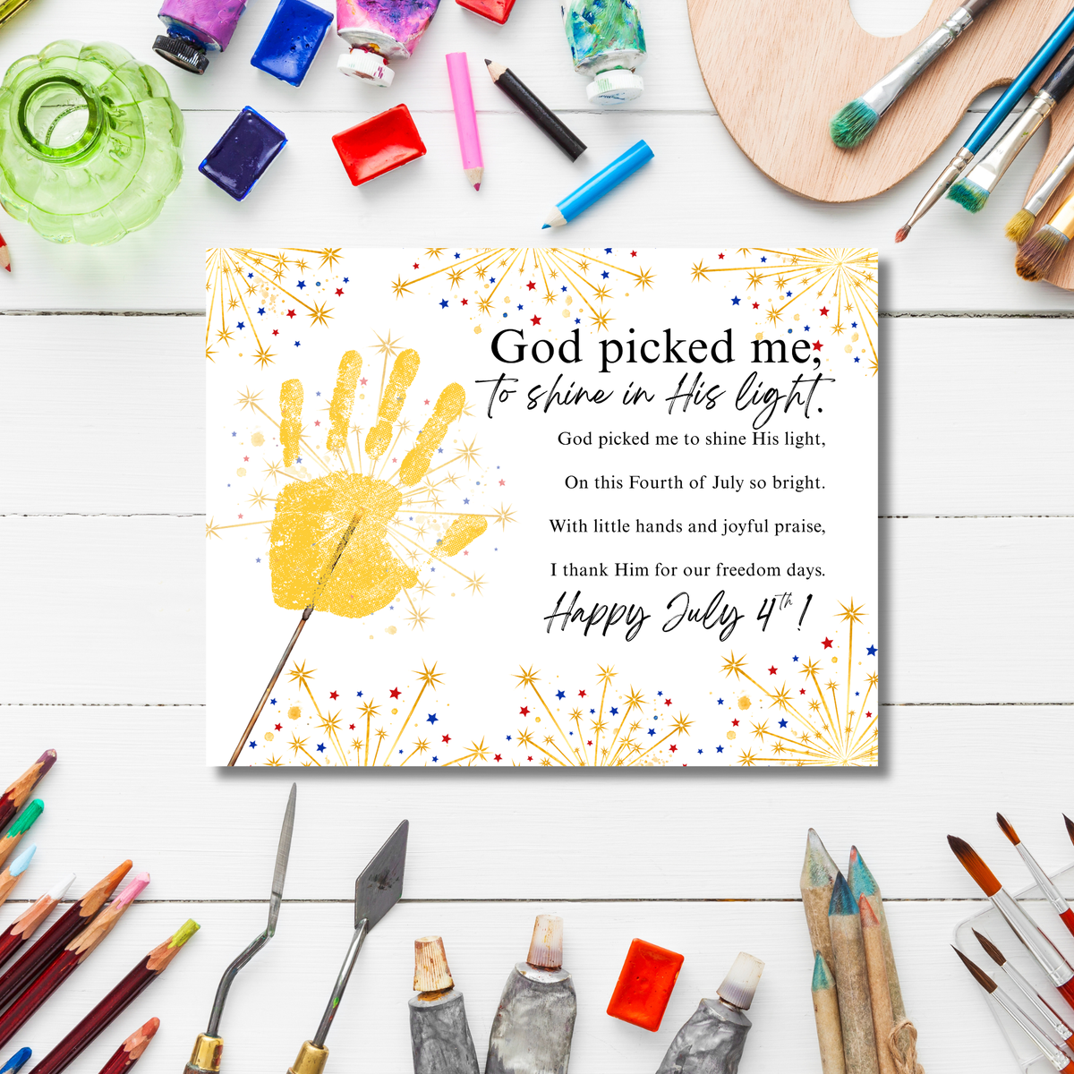Christian July 4th Handprint Craft Printable | God Picked Me to Shine His Light | Patriotic Kids Keepsake Activity