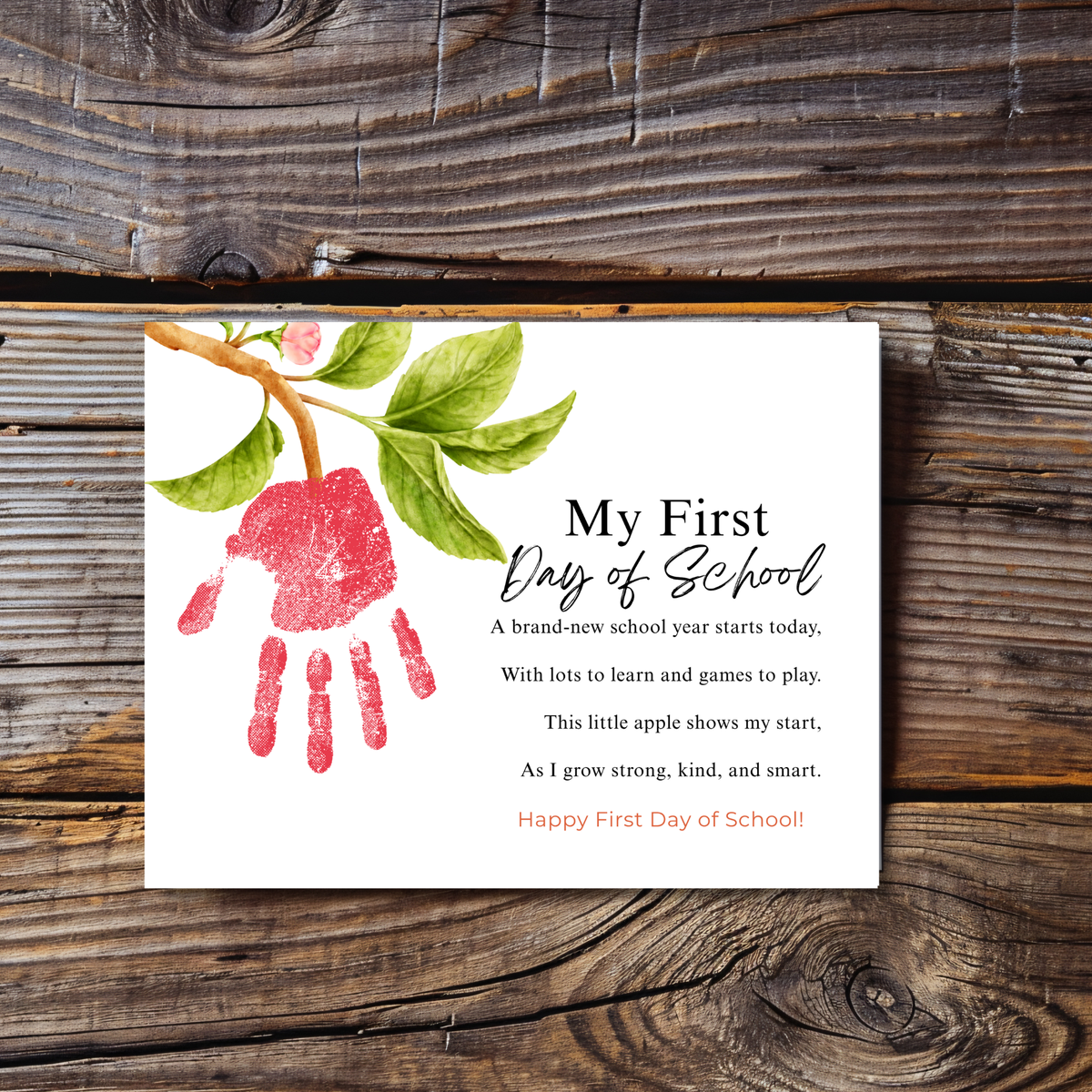My First Day of School Apple Handprint Craft Printable | Back to School Apple Poem Keepsake | Preschool Kindergarten Activity
