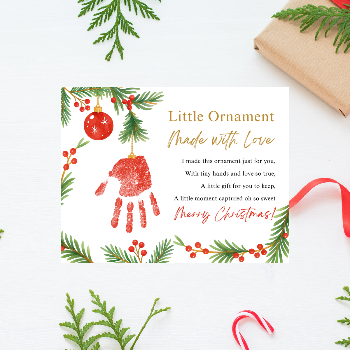 Little Ornament Made with Love Poem Handprint Craft Printable | Christmas Ornament Handprint Keepsake | Preschool Christmas Craft | Holiday Gift for Parents & Grandparents