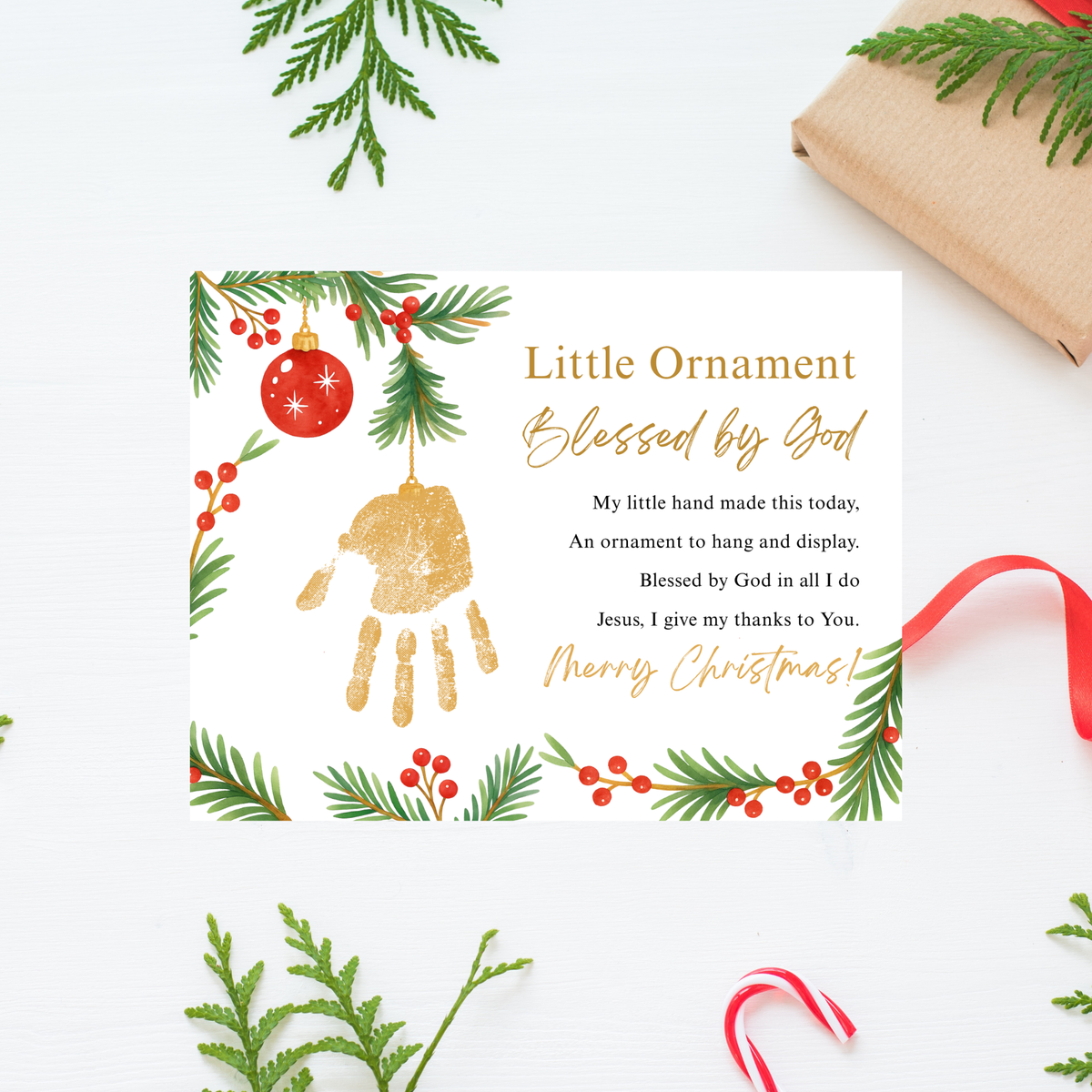 Little Ornament Blessed by God Handprint Craft Printable | Christian Christmas Ornament Poem Keepsake | Faith-Based Christmas Craft for Kids | Preschool Holiday Activity