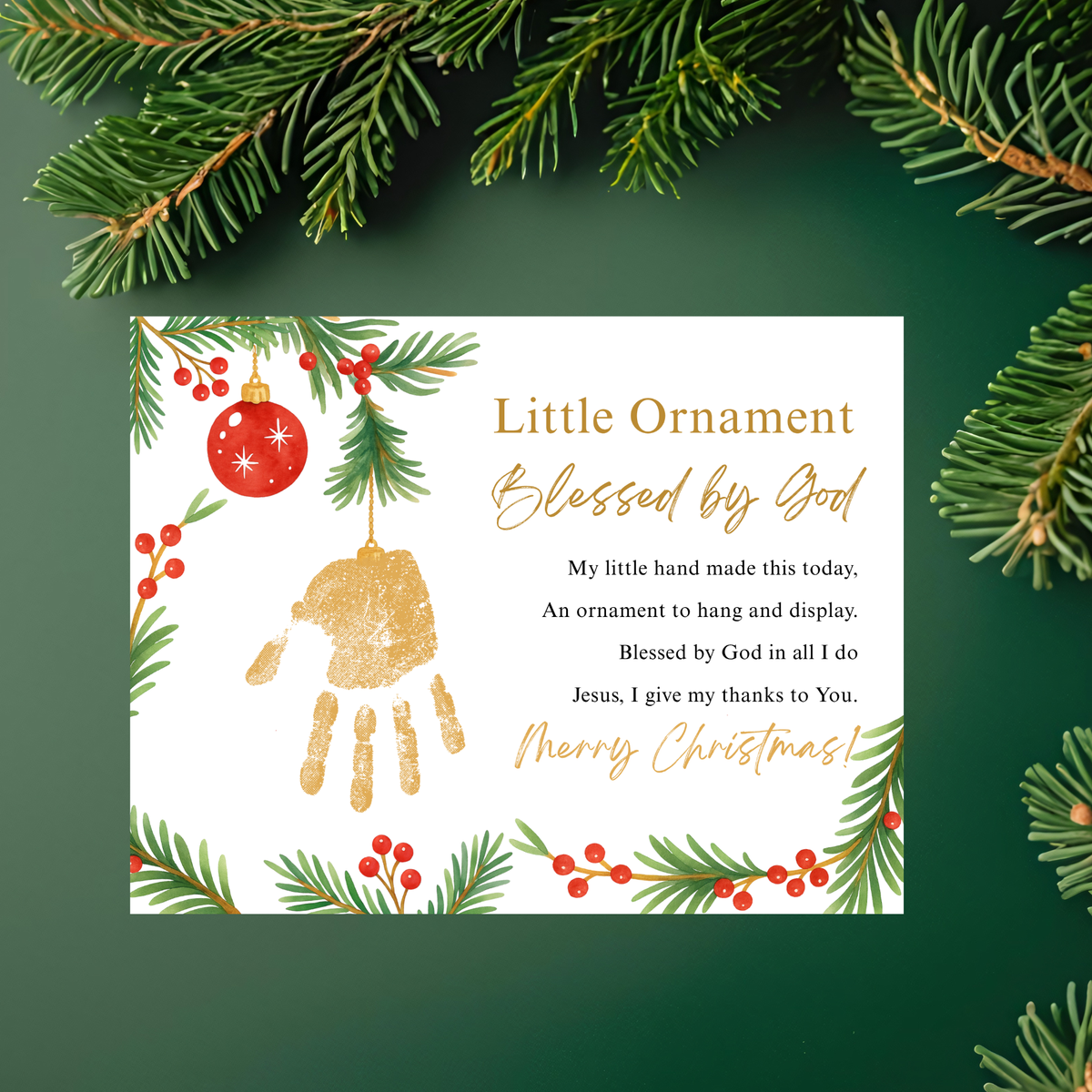 Little Ornament Blessed by God Handprint Craft Printable | Christian Christmas Ornament Poem Keepsake | Faith-Based Christmas Craft for Kids | Preschool Holiday Activity