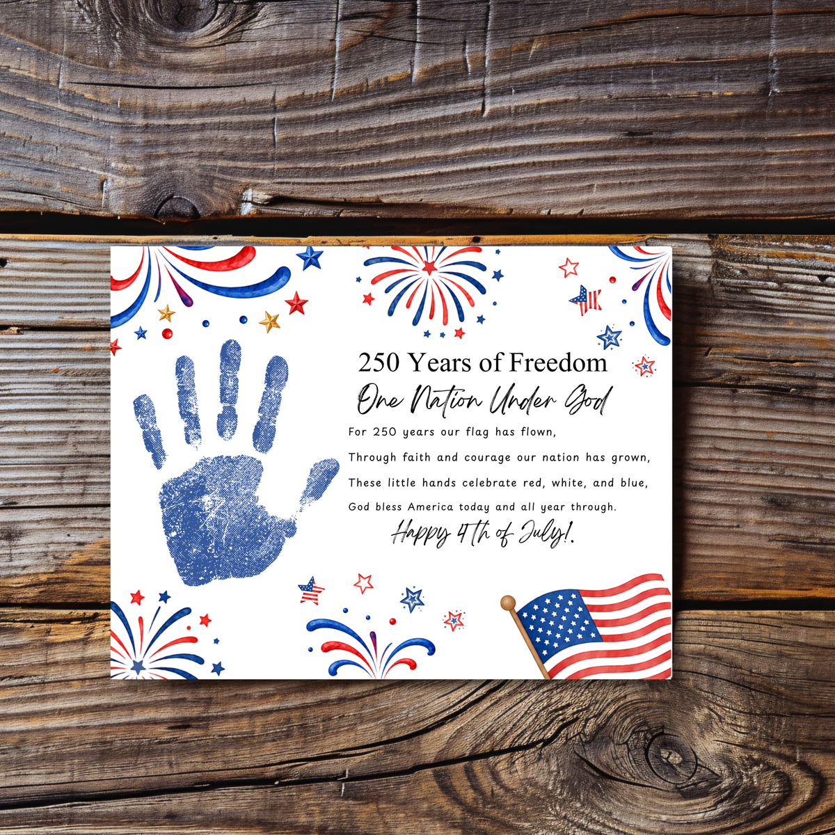 Christian July 4th Poem Handprint Craft Printable, 250 Years of Freedom, One Nation Under God, Patriotic Keepsake Activity for Kids