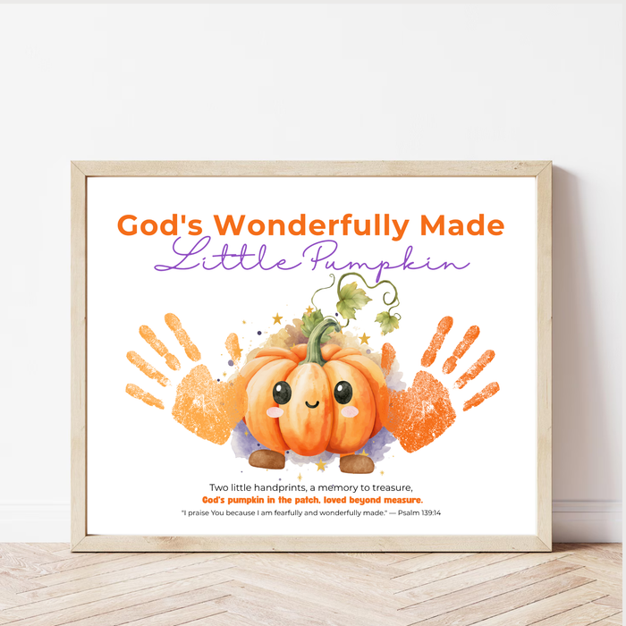 Christian Pumpkin Handprint Craft Printable | God's Wonderfully Made Little Pumpkin | Psalm 139:14 Fall Bible Keepsake for Kids