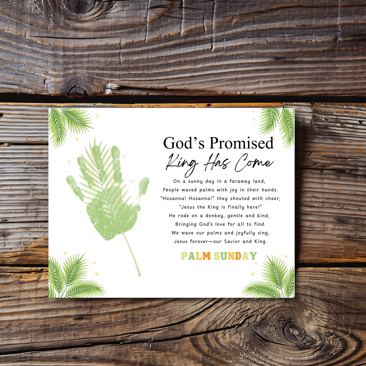 Palm Sunday Poem Handprint Craft Printable | “God’s Promised King Has Come” Christian Kids Activity | Easter Faith-Based Keepsake PDF