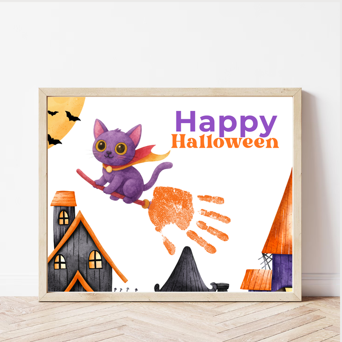 Happy Halloween Cat Handprint Craft Printable | Halloween Witch Cat Keepsake | Preschool Halloween Activity | Daycare & Classroom Fall Craft