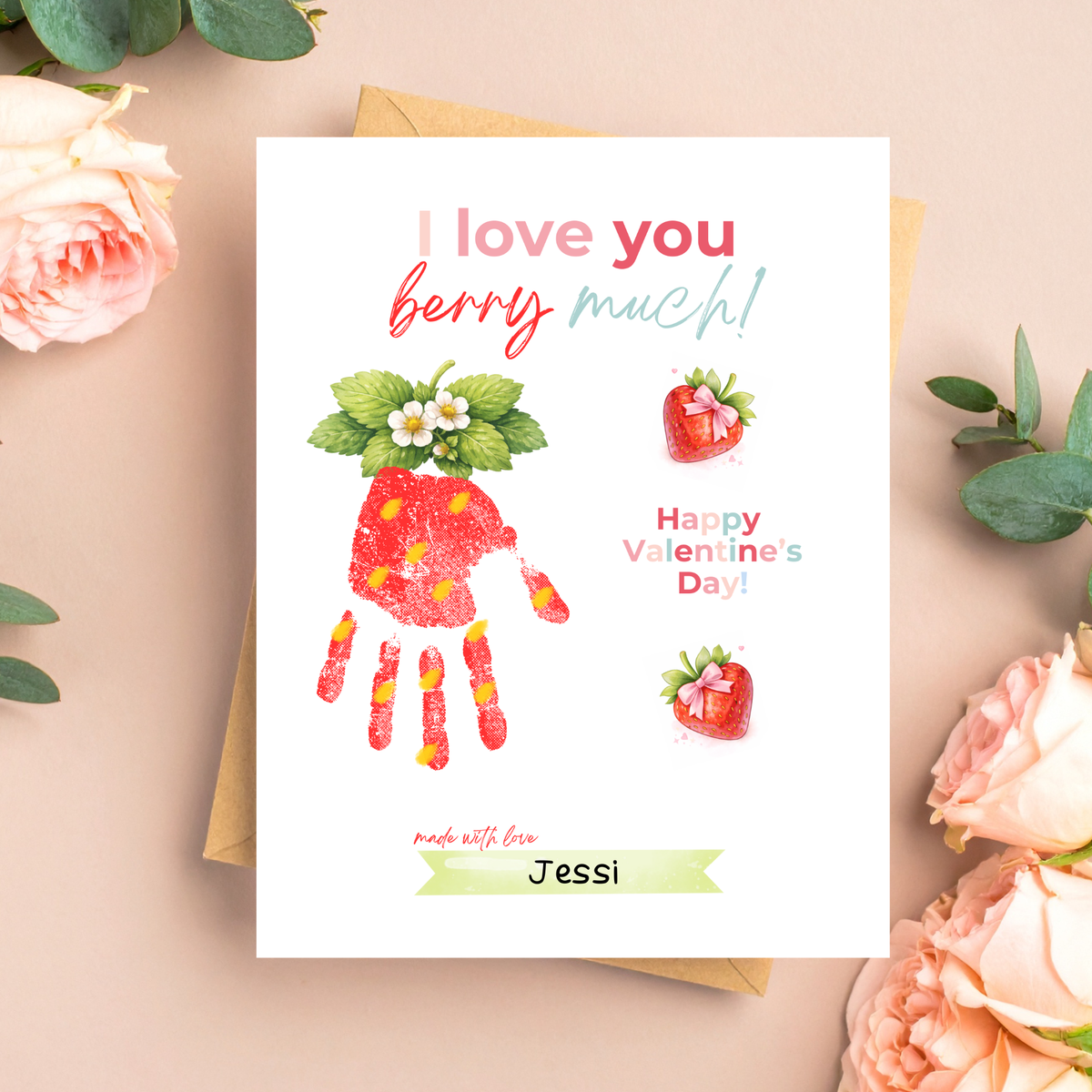 Valentine Strawberry Handprint Craft Printable | I Love You Berry Much | Kids Valentine Keepsake | Sweet Berry Art PDF