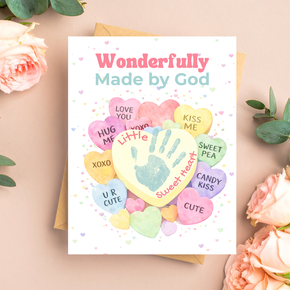 Faith-Based Valentine Heart Candy Handprint Craft Printable | Wonderfully Made by God Keepsake | Psalm 139:14 Valentine PDF