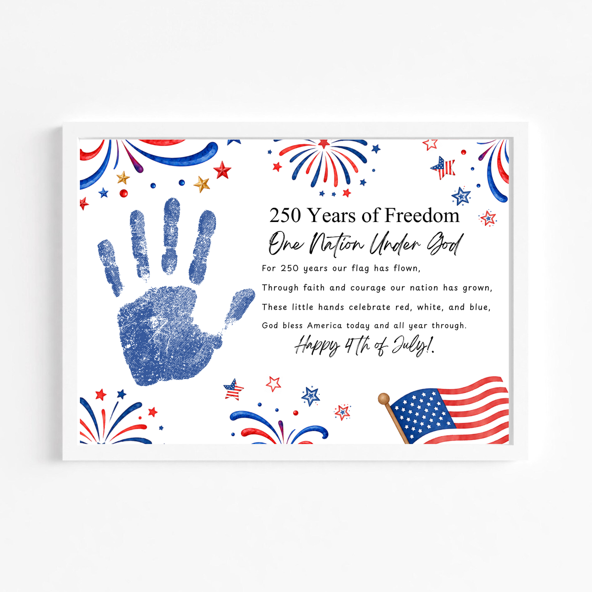 Christian July 4th Poem Handprint Craft Printable, 250 Years of Freedom, One Nation Under God, Patriotic Keepsake Activity for Kids