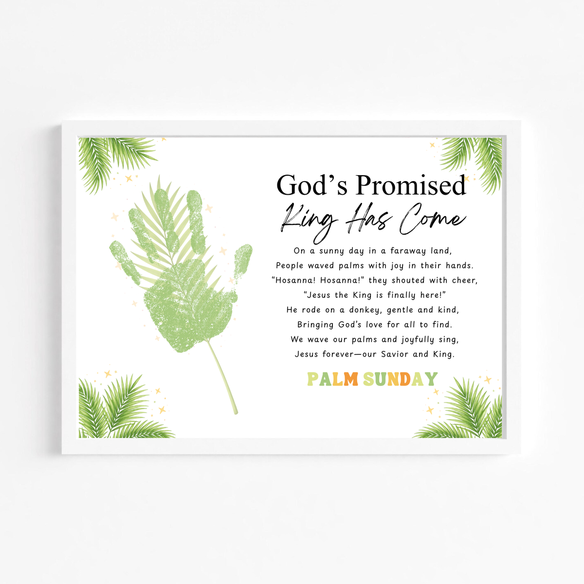 Palm Sunday Poem Handprint Craft Printable | “God’s Promised King Has Come” Christian Kids Activity | Easter Faith-Based Keepsake PDF