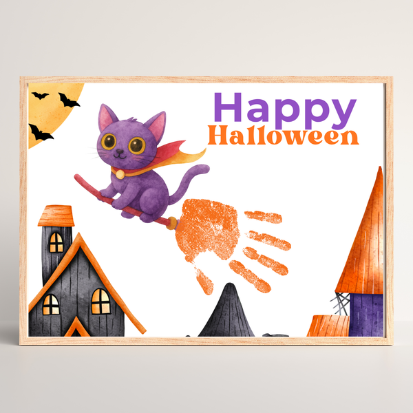 Happy Halloween Cat Handprint Craft Printable | Halloween Witch Cat Keepsake | Preschool Halloween Activity | Daycare & Classroom Fall Craft