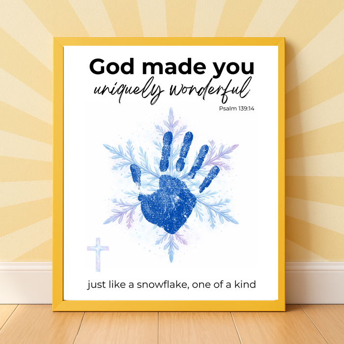 God Made You Uniquely Wonderful Snowflake Handprint Printable | Faith Based Winter Keepsake | Psalm 139:14 Christian Kids Art