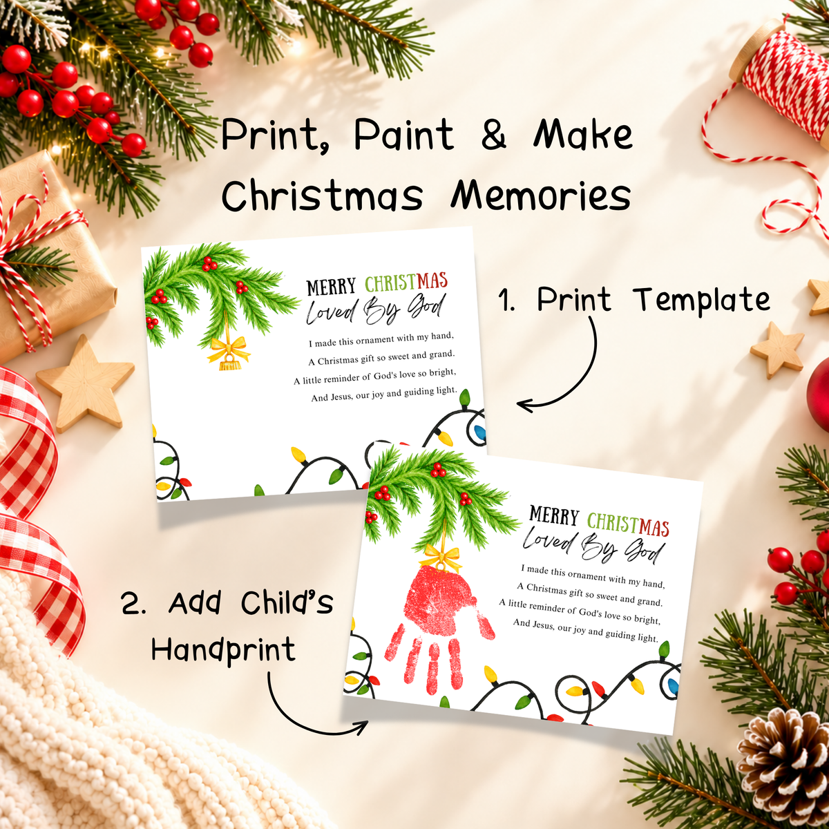 Christian Christmas Handprint Craft for Kids | Loved By God Christmas Ornament Keepsake Printable + Free Coloring Page