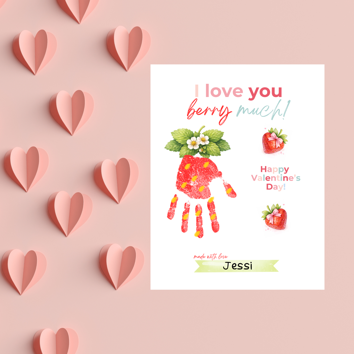 Valentine Strawberry Handprint Craft Printable | I Love You Berry Much | Kids Valentine Keepsake | Sweet Berry Art PDF