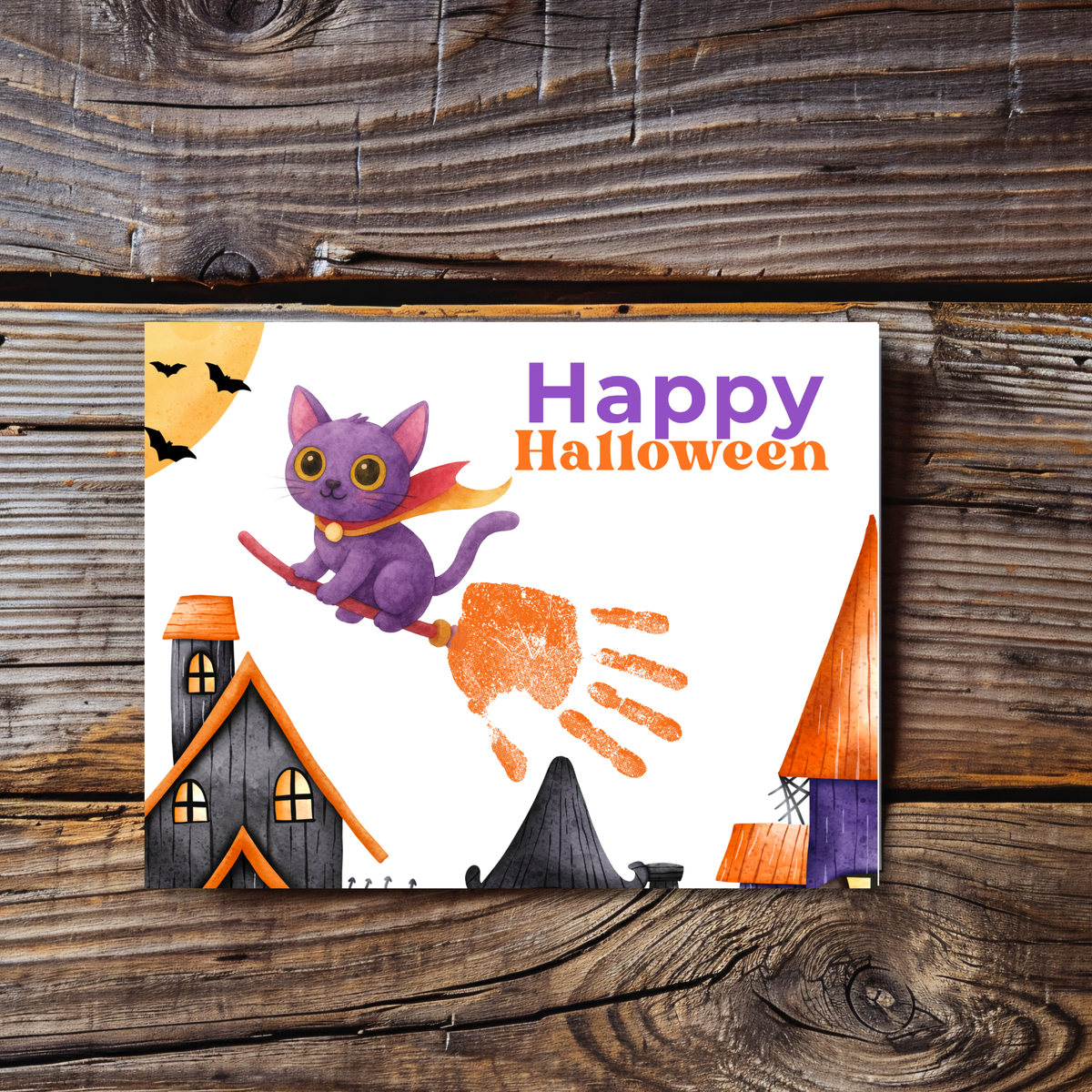 Happy Halloween Cat Handprint Craft Printable | Halloween Witch Cat Keepsake | Preschool Halloween Activity | Daycare & Classroom Fall Craft