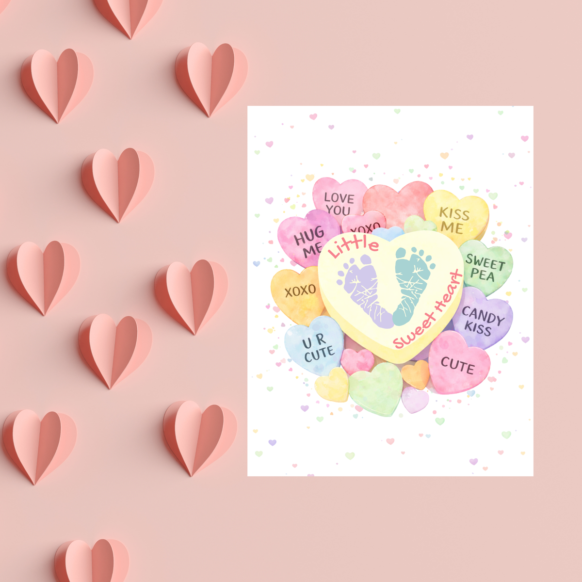 Valentine’s Day Baby Footprint Craft Printable | Sweetheart Keepsake Art | Valentine Candy Heart PDF