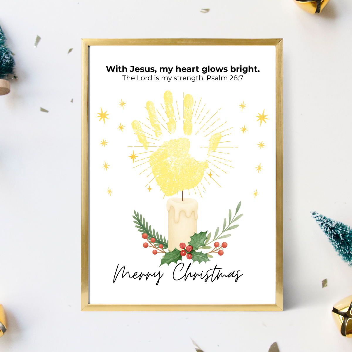Christian Christmas Candle Handprint Craft | Merry Christmas Keepsake | Psalm 28:7 Handprint Printable | Sunday School Christmas Activity