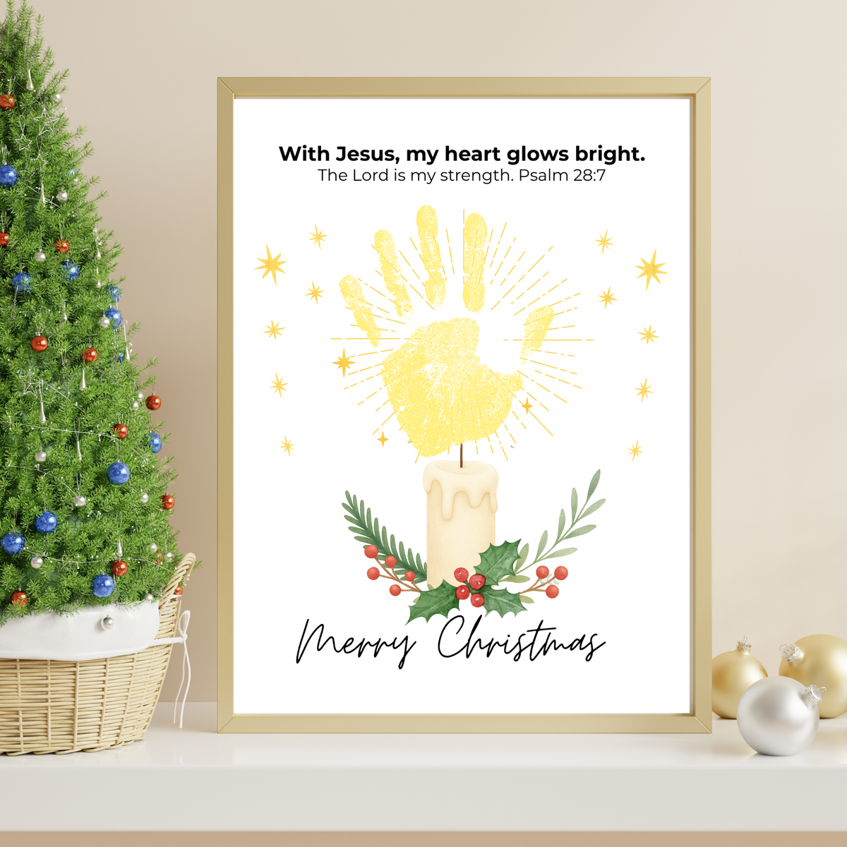 Christian Christmas Candle Handprint Craft | Merry Christmas Keepsake | Psalm 28:7 Handprint Printable | Sunday School Christmas Activity