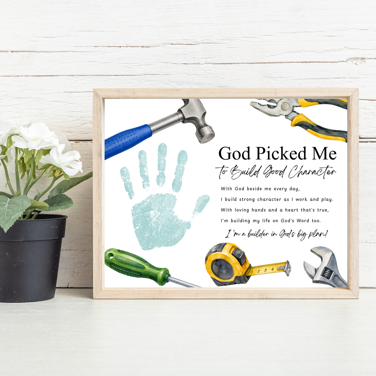 Christian VBS Construction Handprint Craft Printable | God Picked Me to Build Good Character | Vacation Bible School Keepsake Activity