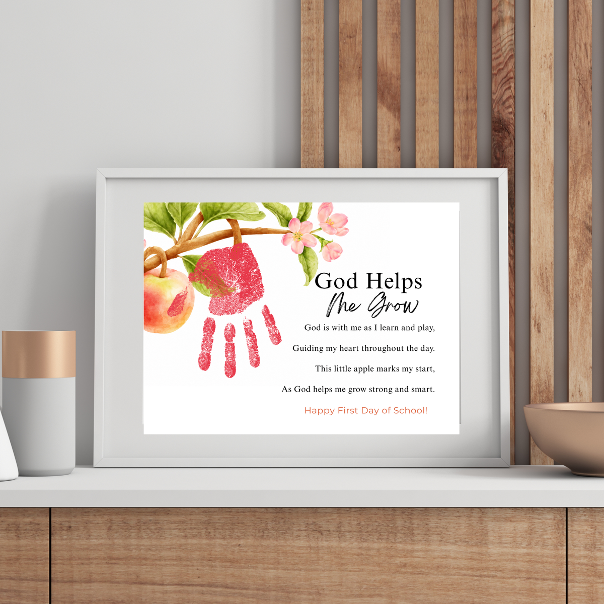 God Helps Me Grow Apple Handprint Craft Printable | Christian First Day of School Keepsake | Faith-Based Back to School Activity