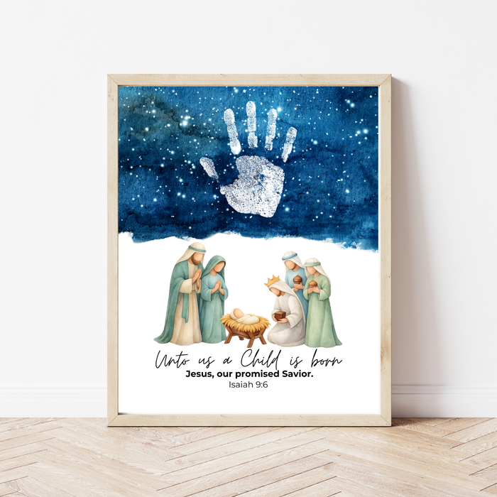 Christian Nativity Handprint Craft Printable | Starry Night Nativity Keepsake | Unto Us a Child Is Born Christmas Craft | Isaiah 9:6 Activity