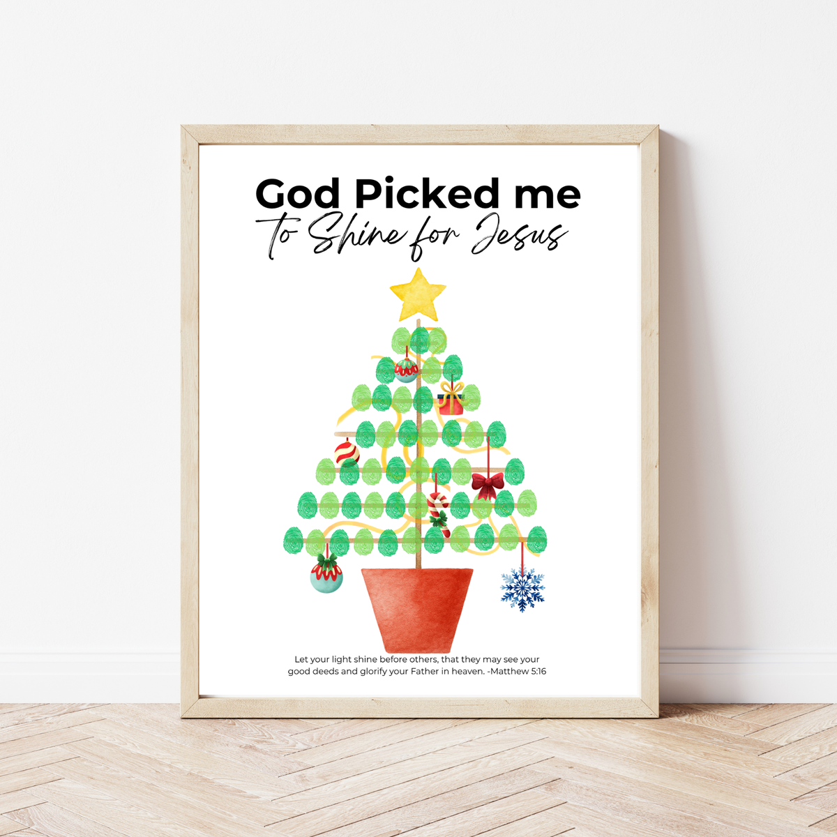 God Picked Me to Shine for Jesus Fingerprint Christmas Tree Craft Printable | Christian Christmas Fingerprint Activity | Faith-Based Kids Christmas Keepsake