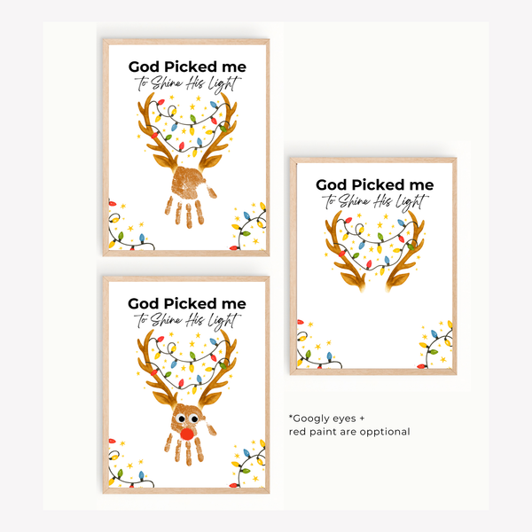 Christian Reindeer Handprint Craft Printable | God Picked Me to Shine His Light | Christmas Handprint Keepsake | Faith Christmas Craft | Sunday School Activity