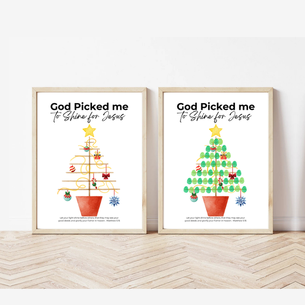 God Picked Me to Shine for Jesus Fingerprint Christmas Tree Craft Printable | Christian Christmas Fingerprint Activity | Faith-Based Kids Christmas Keepsake