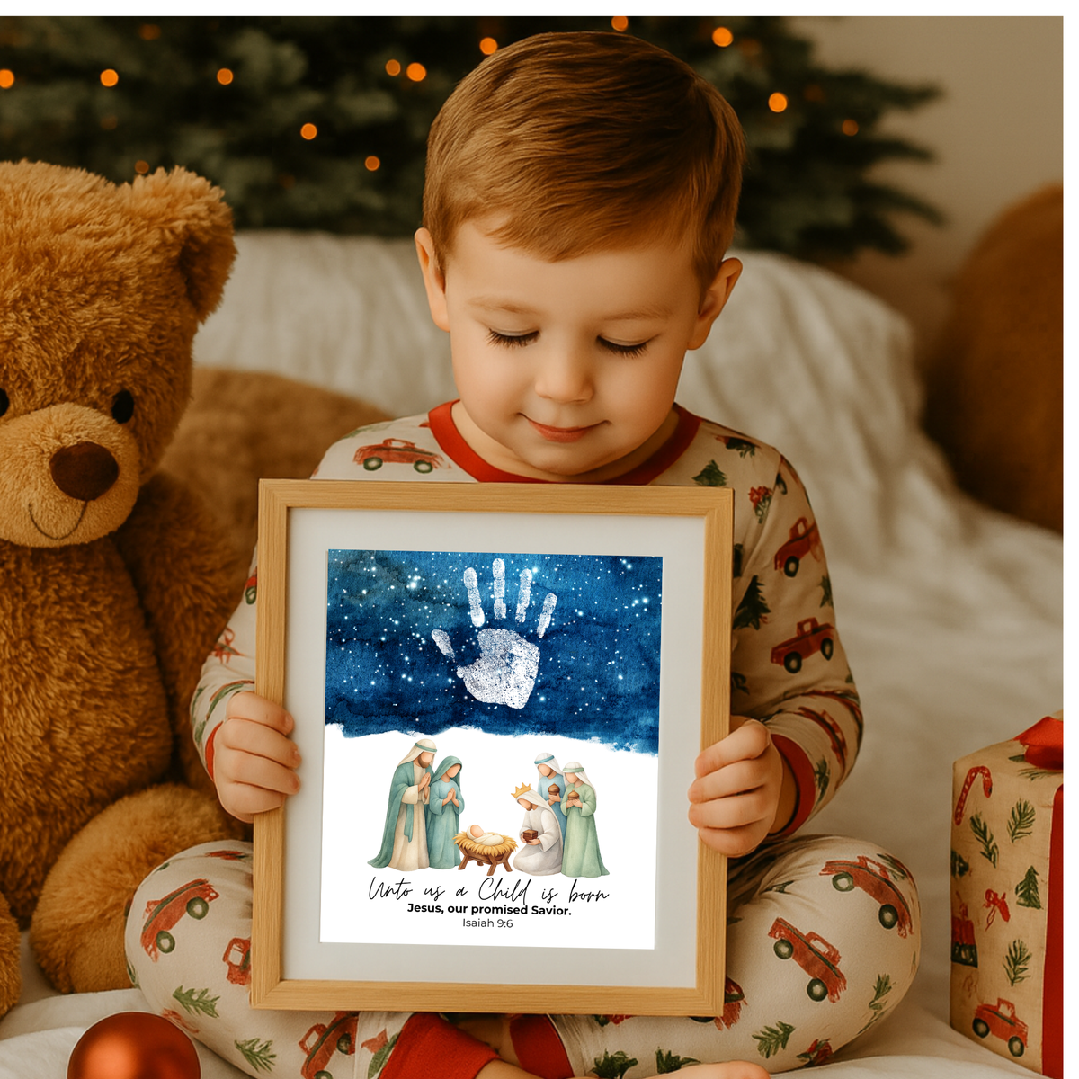 Christian Nativity Handprint Craft Printable | Starry Night Nativity Keepsake | Unto Us a Child Is Born Christmas Craft | Isaiah 9:6 Activity