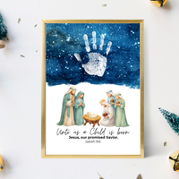 Christian Nativity Handprint Craft Printable | Starry Night Nativity Keepsake | Unto Us a Child Is Born Christmas Craft | Isaiah 9:6 Activity