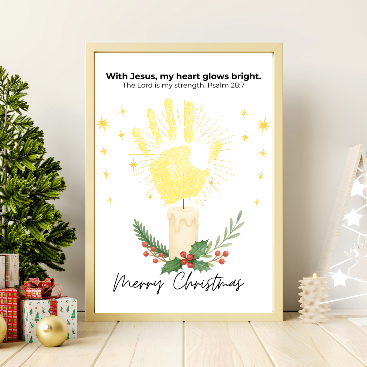 Christian Christmas Candle Handprint Craft | Merry Christmas Keepsake | Psalm 28:7 Handprint Printable | Sunday School Christmas Activity