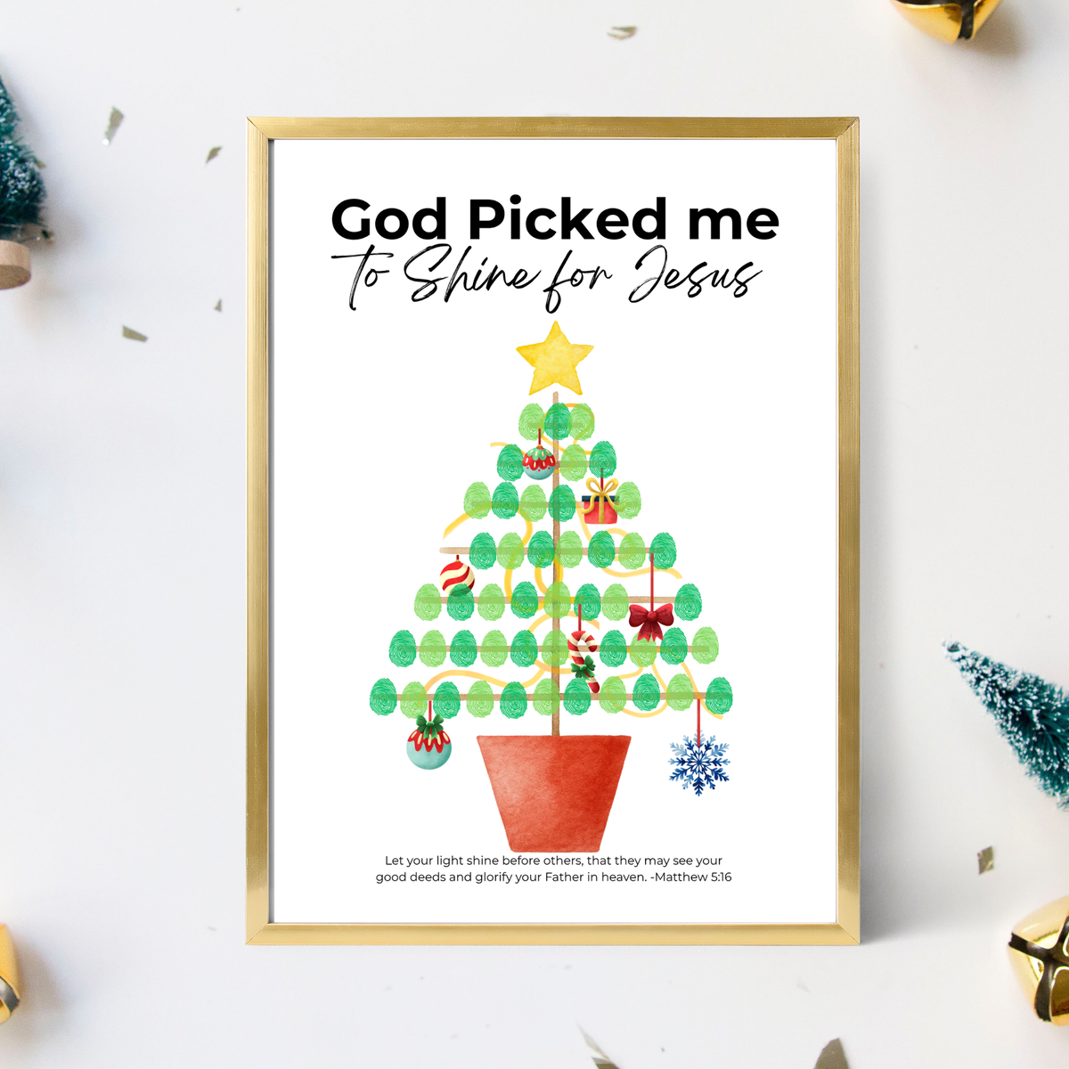 God Picked Me to Shine for Jesus Fingerprint Christmas Tree Craft Printable | Christian Christmas Fingerprint Activity | Faith-Based Kids Christmas Keepsake