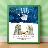 Christian Nativity Handprint Craft Printable | Starry Night Nativity Keepsake | Unto Us a Child Is Born Christmas Craft | Isaiah 9:6 Activity