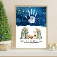 Christian Nativity Handprint Craft Printable | Starry Night Nativity Keepsake | Unto Us a Child Is Born Christmas Craft | Isaiah 9:6 Activity