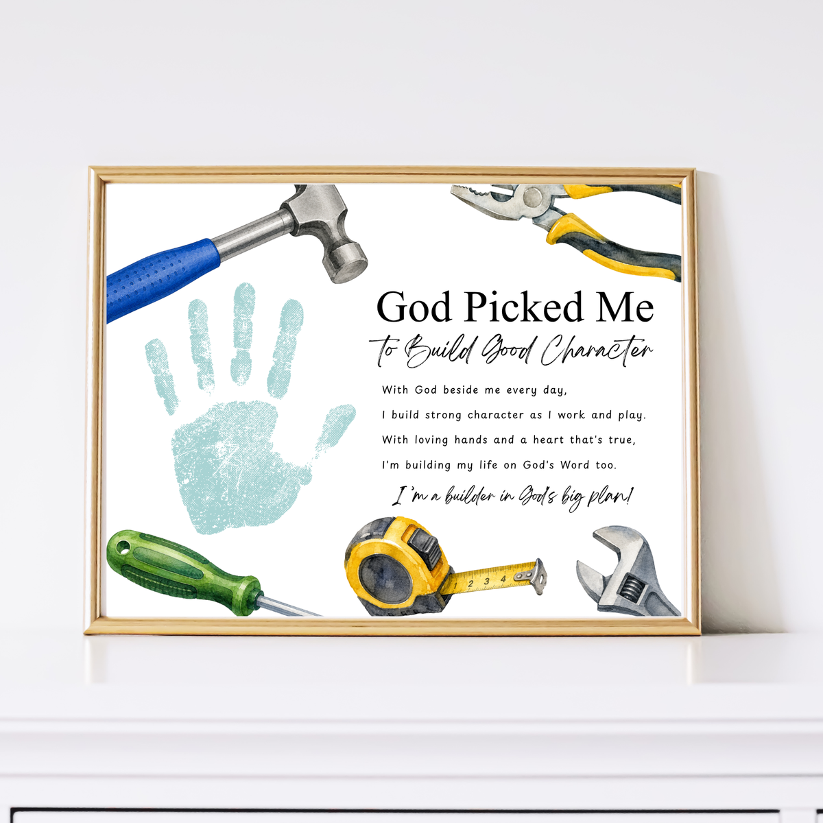 Christian VBS Construction Handprint Craft Printable | God Picked Me to Build Good Character | Vacation Bible School Keepsake Activity