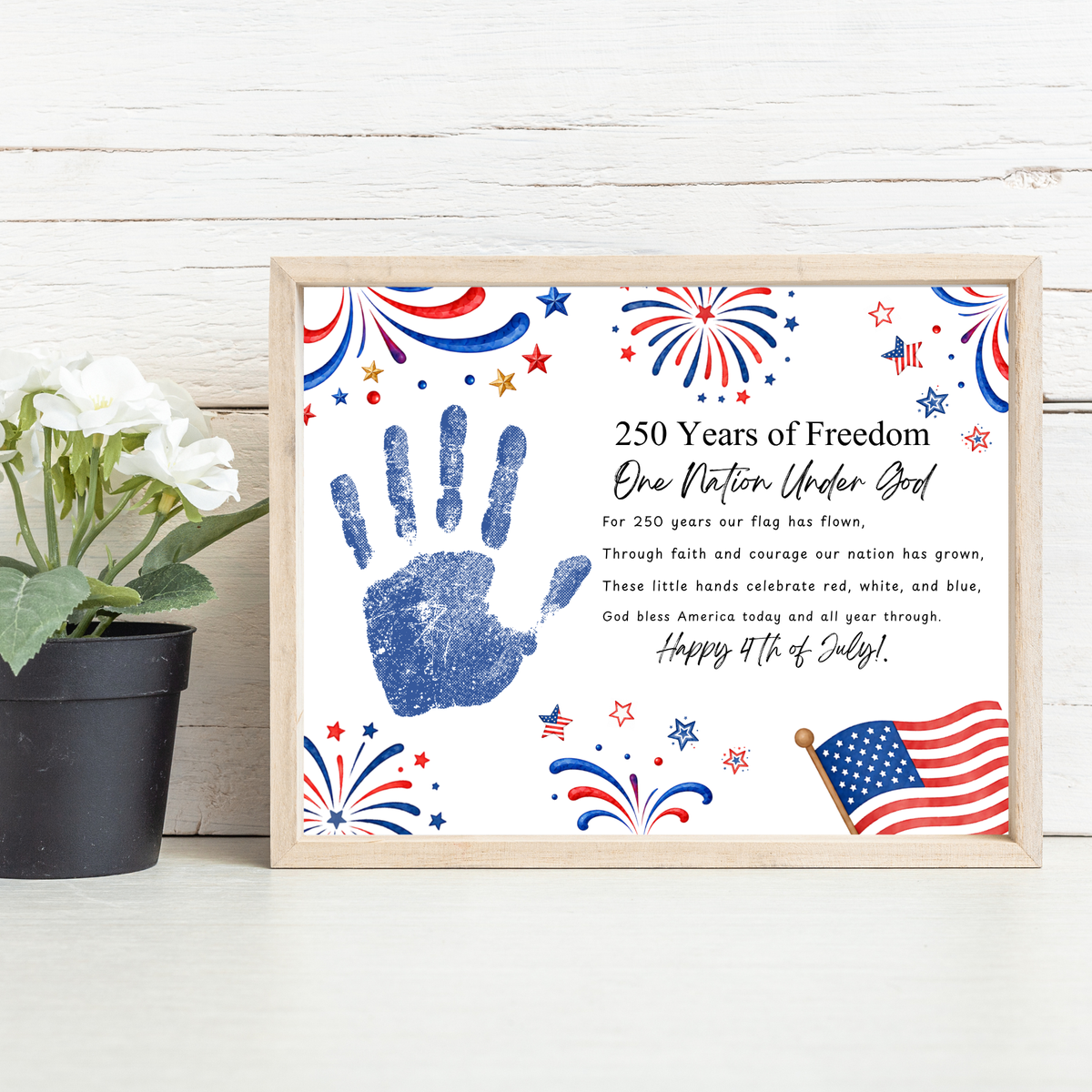 Christian July 4th Poem Handprint Craft Printable, 250 Years of Freedom, One Nation Under God, Patriotic Keepsake Activity for Kids