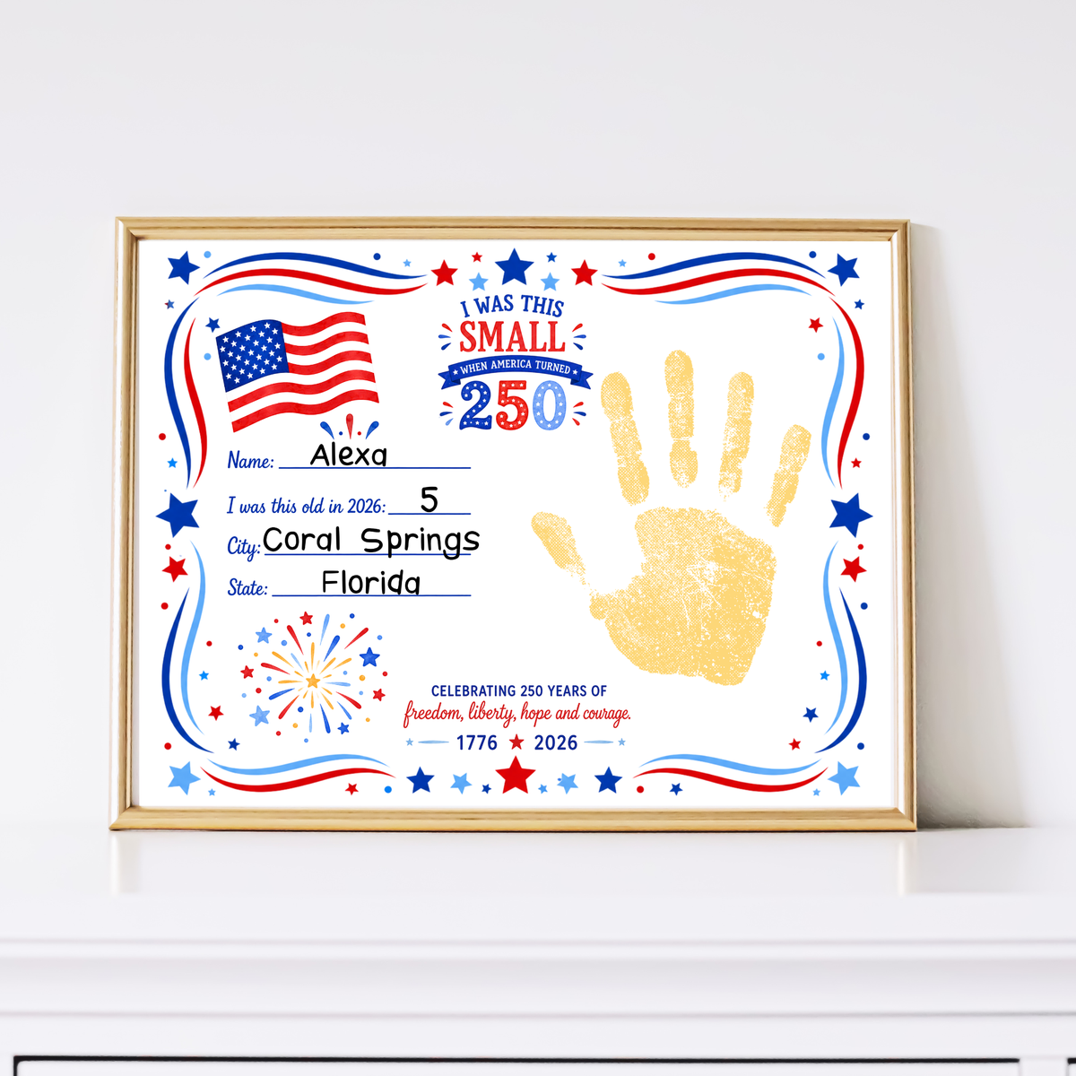 250 Years of Freedom Handprint Craft Printable, Happy Birthday America Keepsake, I Was This Small When America Turned 250, July 4th Activity