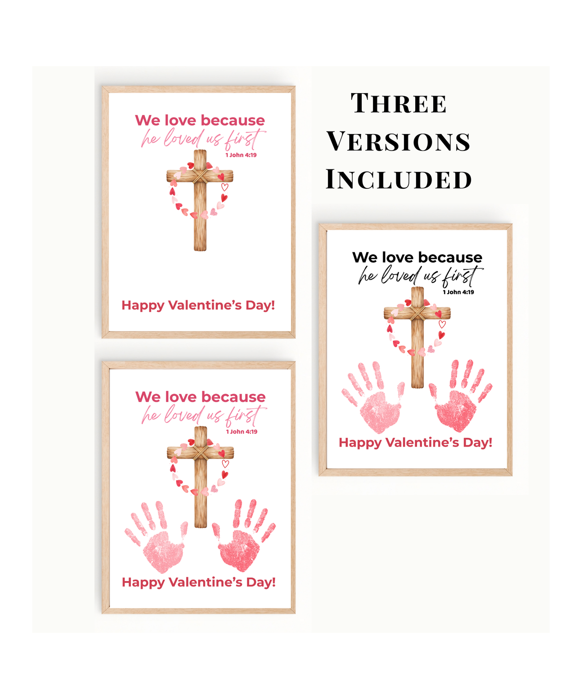 Valentine’s Day Handprint Craft Printable for Kids | Faith-Based Cross Keepsake | 1 John 4:19 (Font Color Variations)