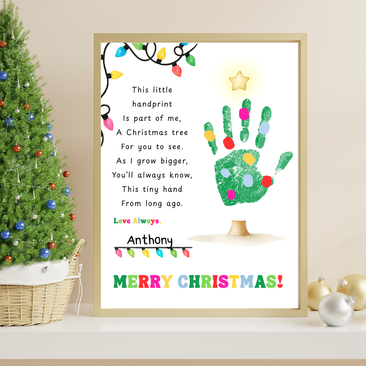 Christmas Tree Poem Handprint Craft Printable | Christmas Lights Handprint Keepsake | Preschool Christmas Activity | Kids Holiday Craft