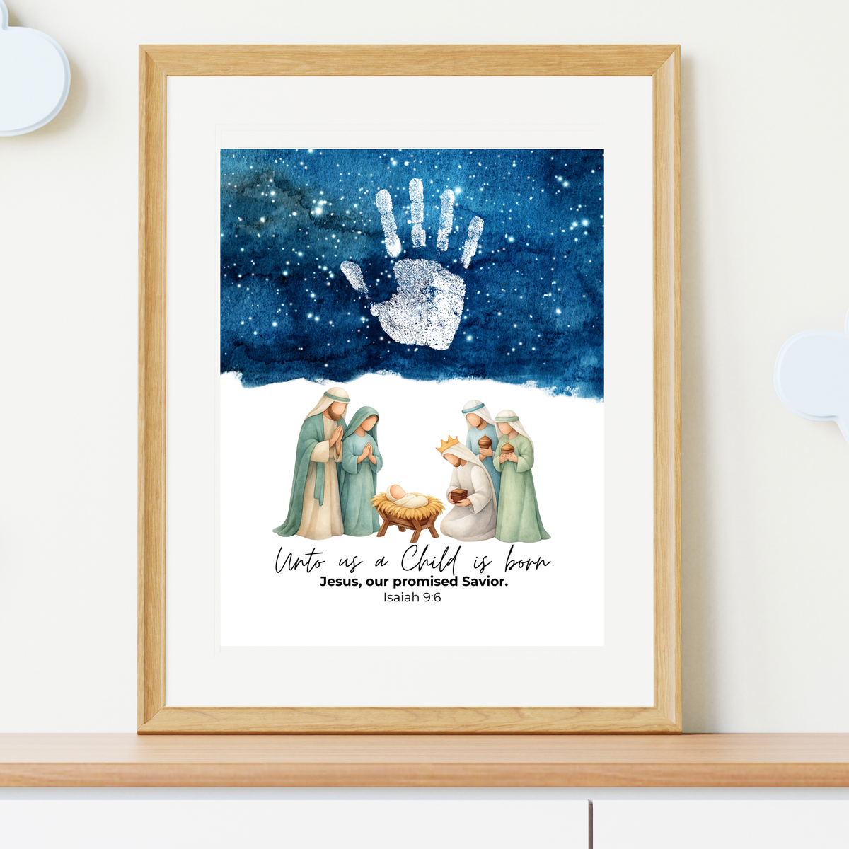 Christian Nativity Handprint Craft Printable | Starry Night Nativity Keepsake | Unto Us a Child Is Born Christmas Craft | Isaiah 9:6 Activity