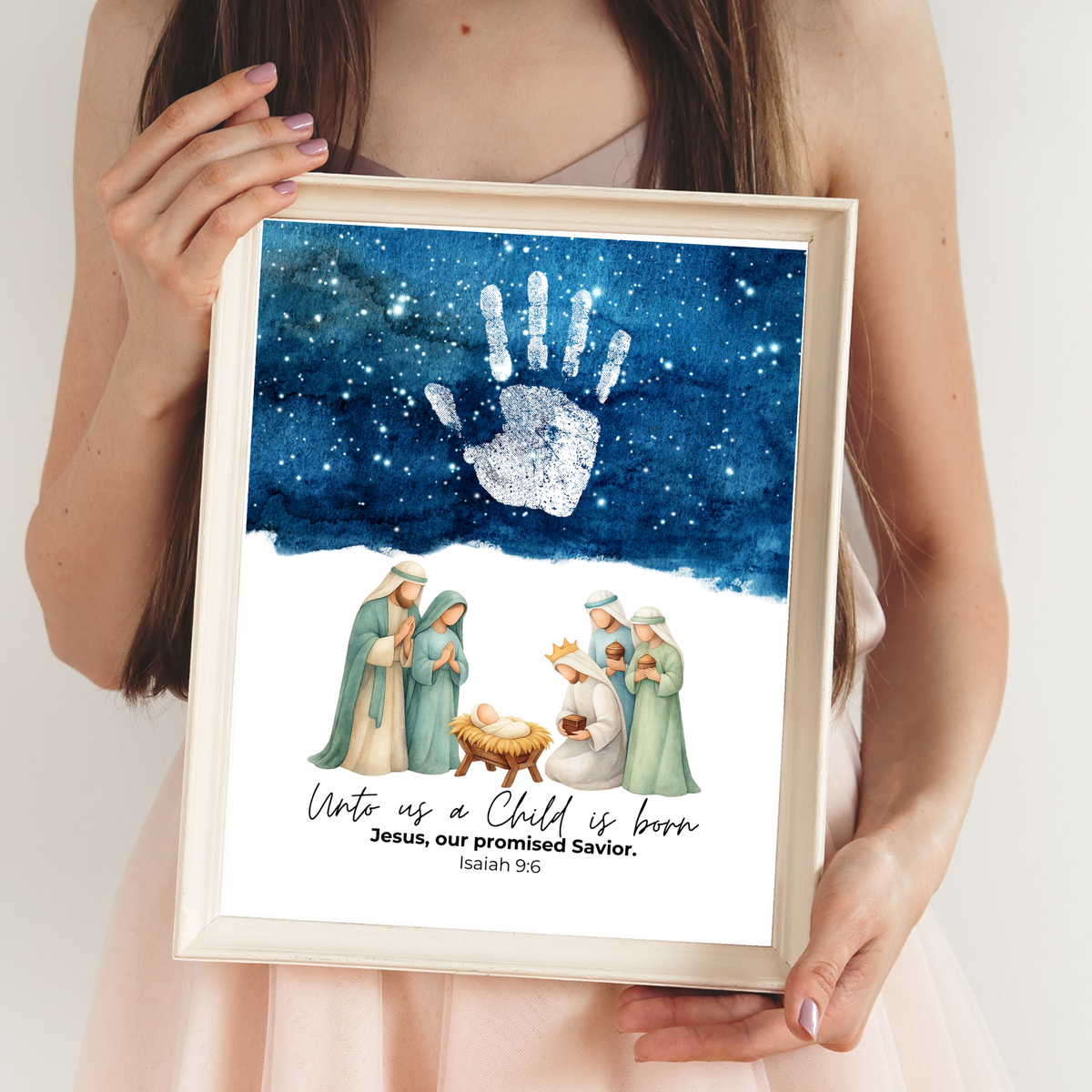 Christian Nativity Handprint Craft Printable | Starry Night Nativity Keepsake | Unto Us a Child Is Born Christmas Craft | Isaiah 9:6 Activity