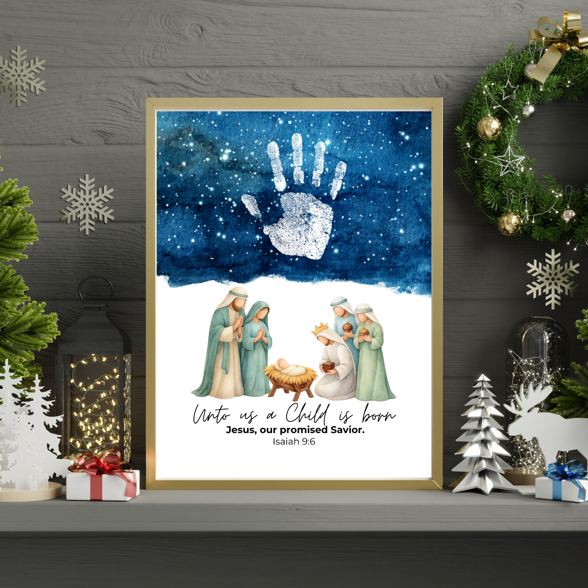 Christian Nativity Handprint Craft Printable | Starry Night Nativity Keepsake | Unto Us a Child Is Born Christmas Craft | Isaiah 9:6 Activity