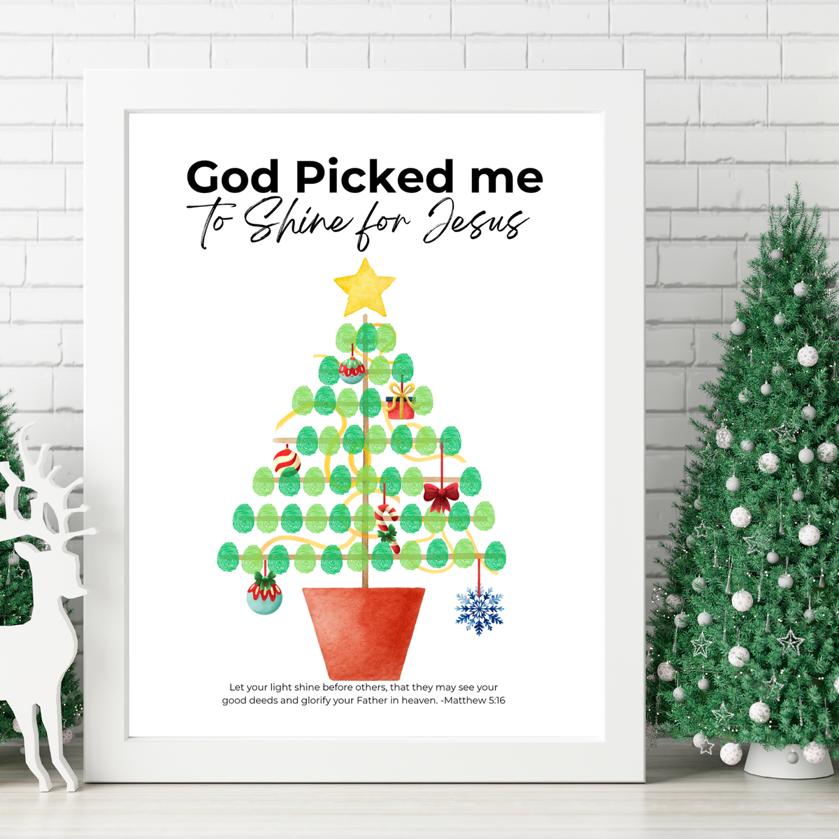God Picked Me to Shine for Jesus Fingerprint Christmas Tree Craft Printable | Christian Christmas Fingerprint Activity | Faith-Based Kids Christmas Keepsake