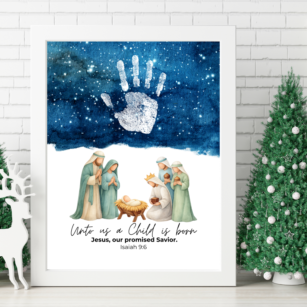 Christian Nativity Handprint Craft Printable | Starry Night Nativity Keepsake | Unto Us a Child Is Born Christmas Craft | Isaiah 9:6 Activity