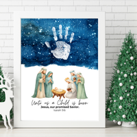 Christian Nativity Handprint Craft Printable | Starry Night Nativity Keepsake | Unto Us a Child Is Born Christmas Craft | Isaiah 9:6 Activity