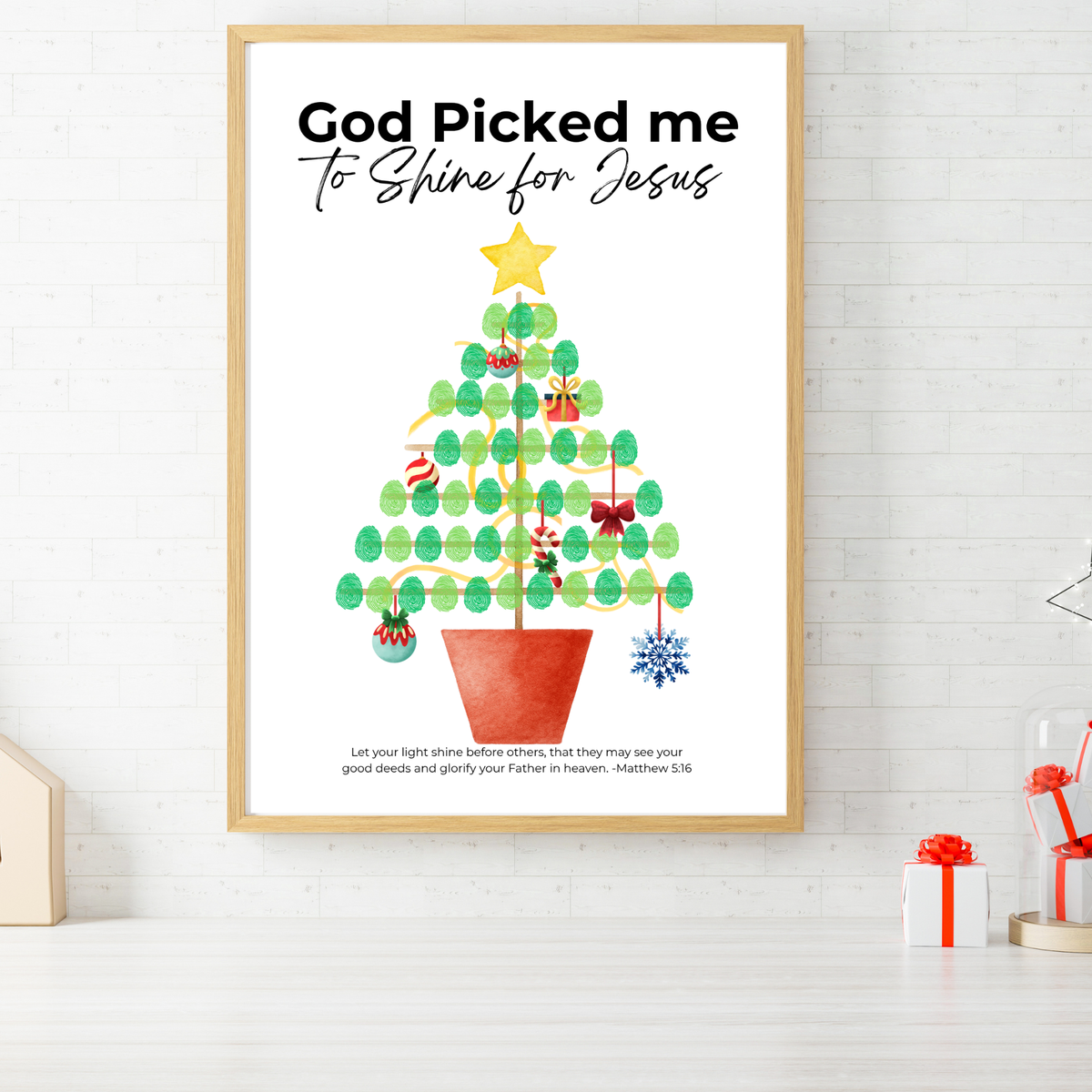 God Picked Me to Shine for Jesus Fingerprint Christmas Tree Craft Printable | Christian Christmas Fingerprint Activity | Faith-Based Kids Christmas Keepsake
