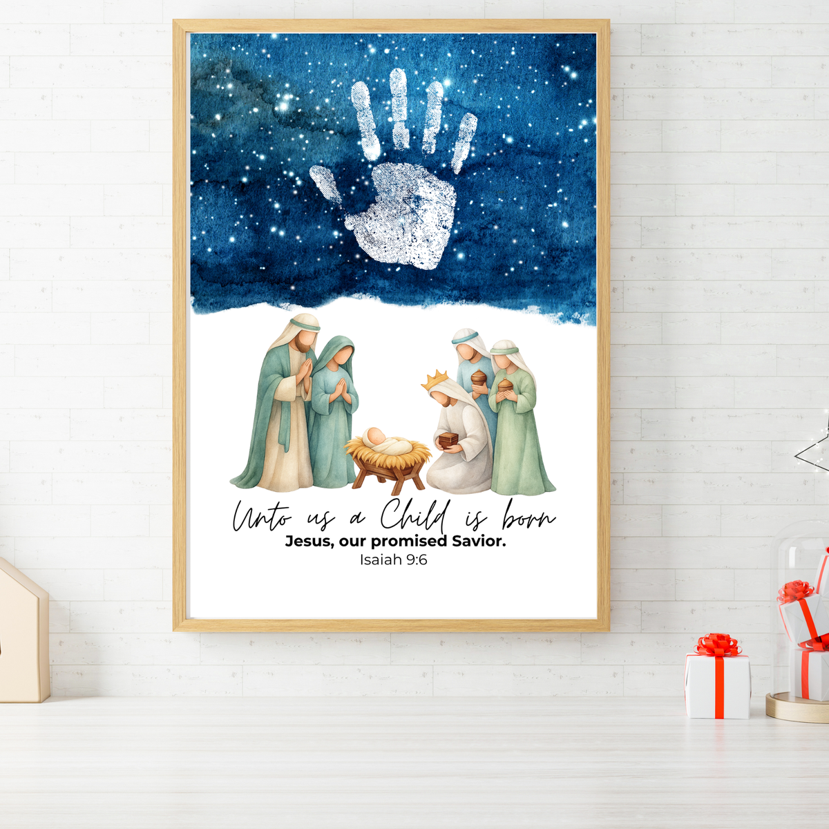 Christian Nativity Handprint Craft Printable | Starry Night Nativity Keepsake | Unto Us a Child Is Born Christmas Craft | Isaiah 9:6 Activity