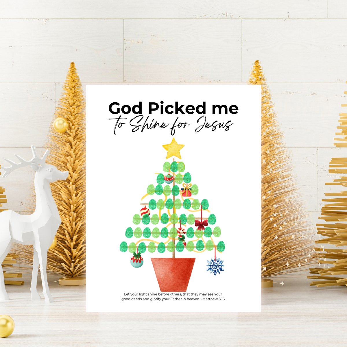 God Picked Me to Shine for Jesus Fingerprint Christmas Tree Craft Printable | Christian Christmas Fingerprint Activity | Faith-Based Kids Christmas Keepsake