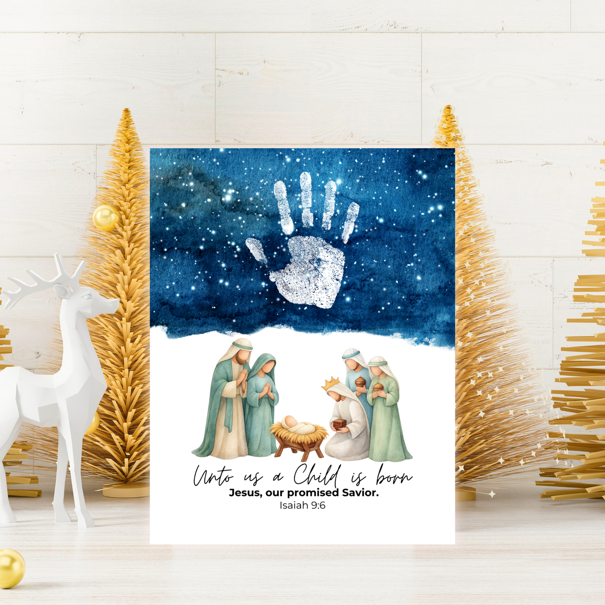 Christian Nativity Handprint Craft Printable | Starry Night Nativity Keepsake | Unto Us a Child Is Born Christmas Craft | Isaiah 9:6 Activity