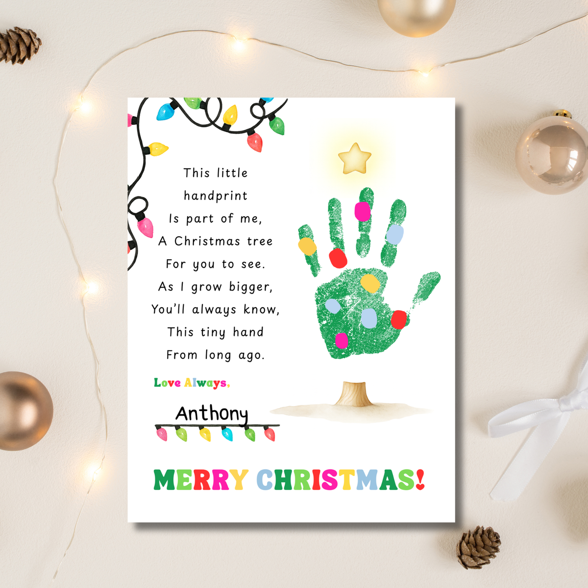 Christmas Tree Poem Handprint Craft Printable | Christmas Lights Handprint Keepsake | Preschool Christmas Activity | Kids Holiday Craft